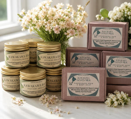 Kawakawa Goats Milk Soap "Boxed Kawakawa Goats Milk Soap bars by Martha's Botanicals surrounded by flowers"